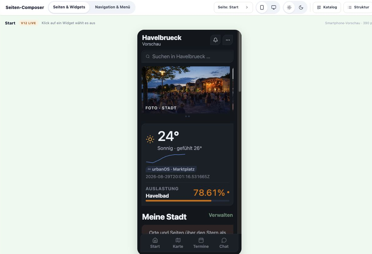 CityPilot Seiten-Composer mit verschiebbaren Startseiten-Widgets