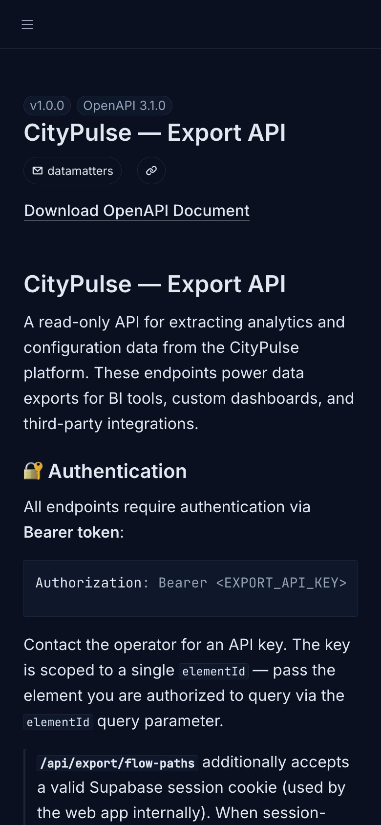 Die CityPulse-Export-API-Referenz mit Endpunkten, Authentifizierung und Antwortformaten