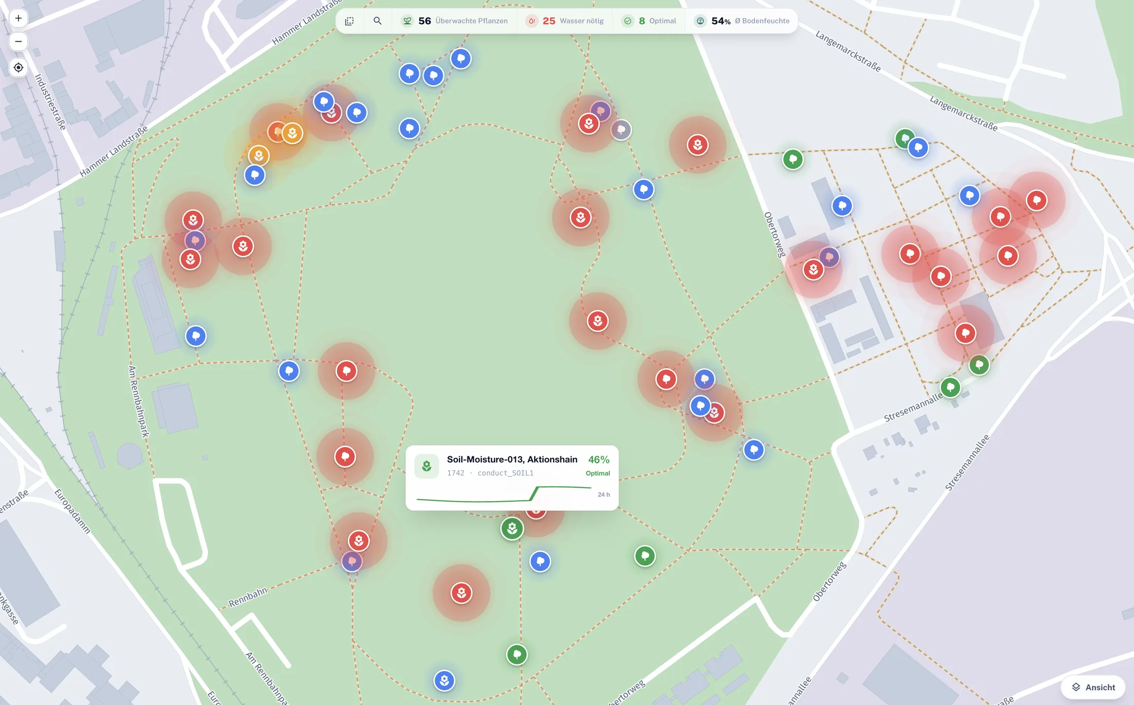 Die Smart-Garden-Live-Karte: Bäume mit Bodenfeuchte in Wurzeltiefe, drei als durstig markiert