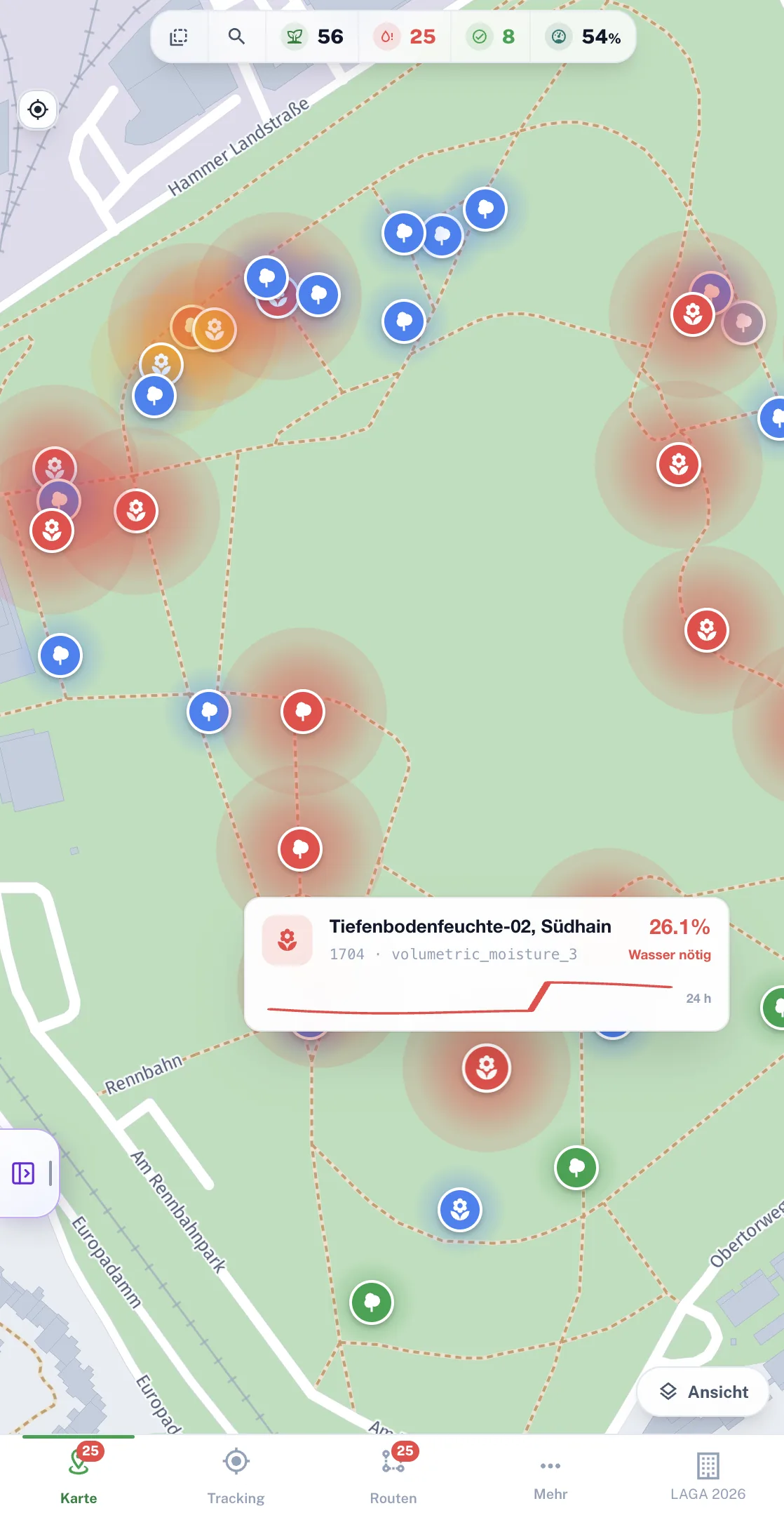 Smart-Garden-Live-Karte mit Bodenfeuchte je Baum