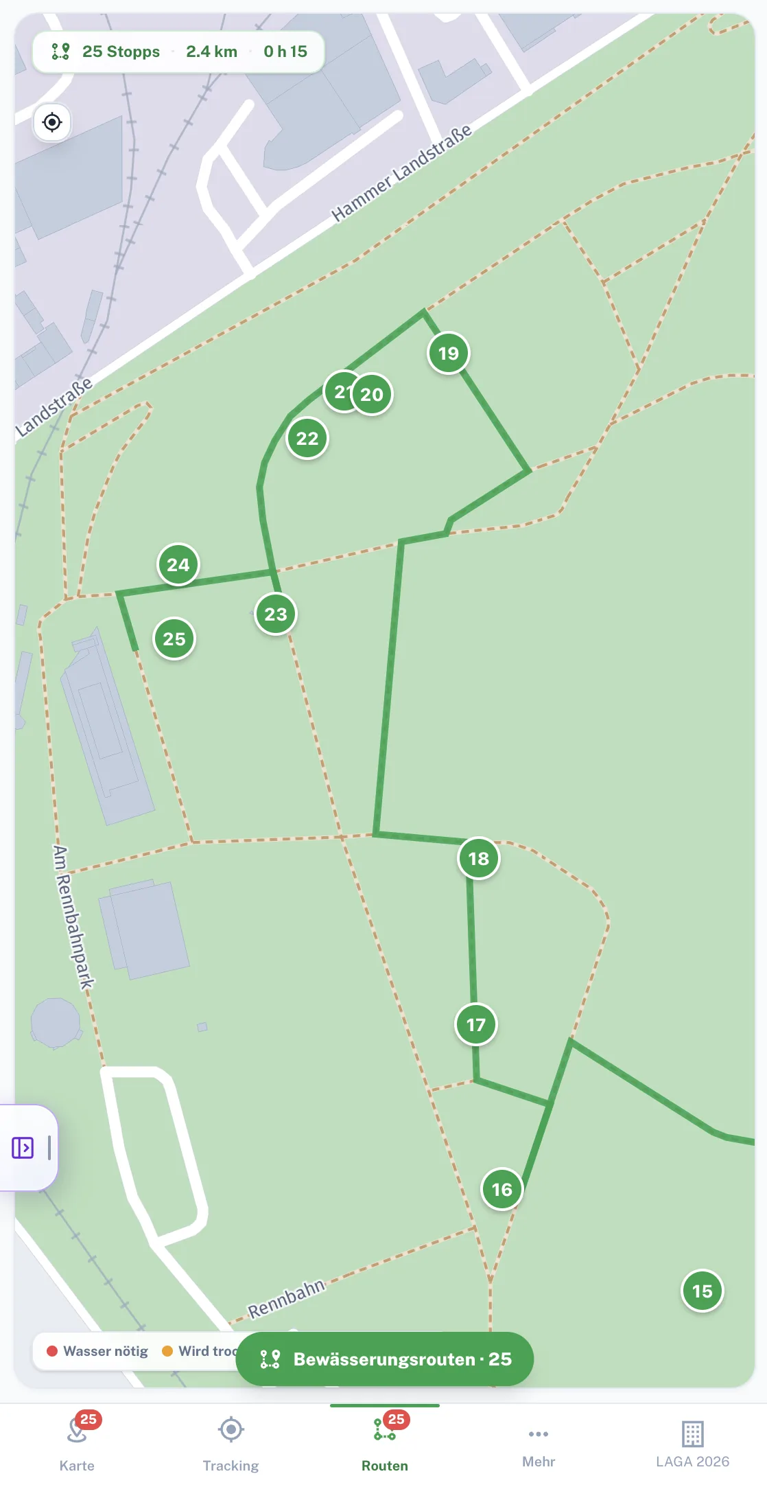 Smart-Garden-Gießroute zu den durstigen Bäumen