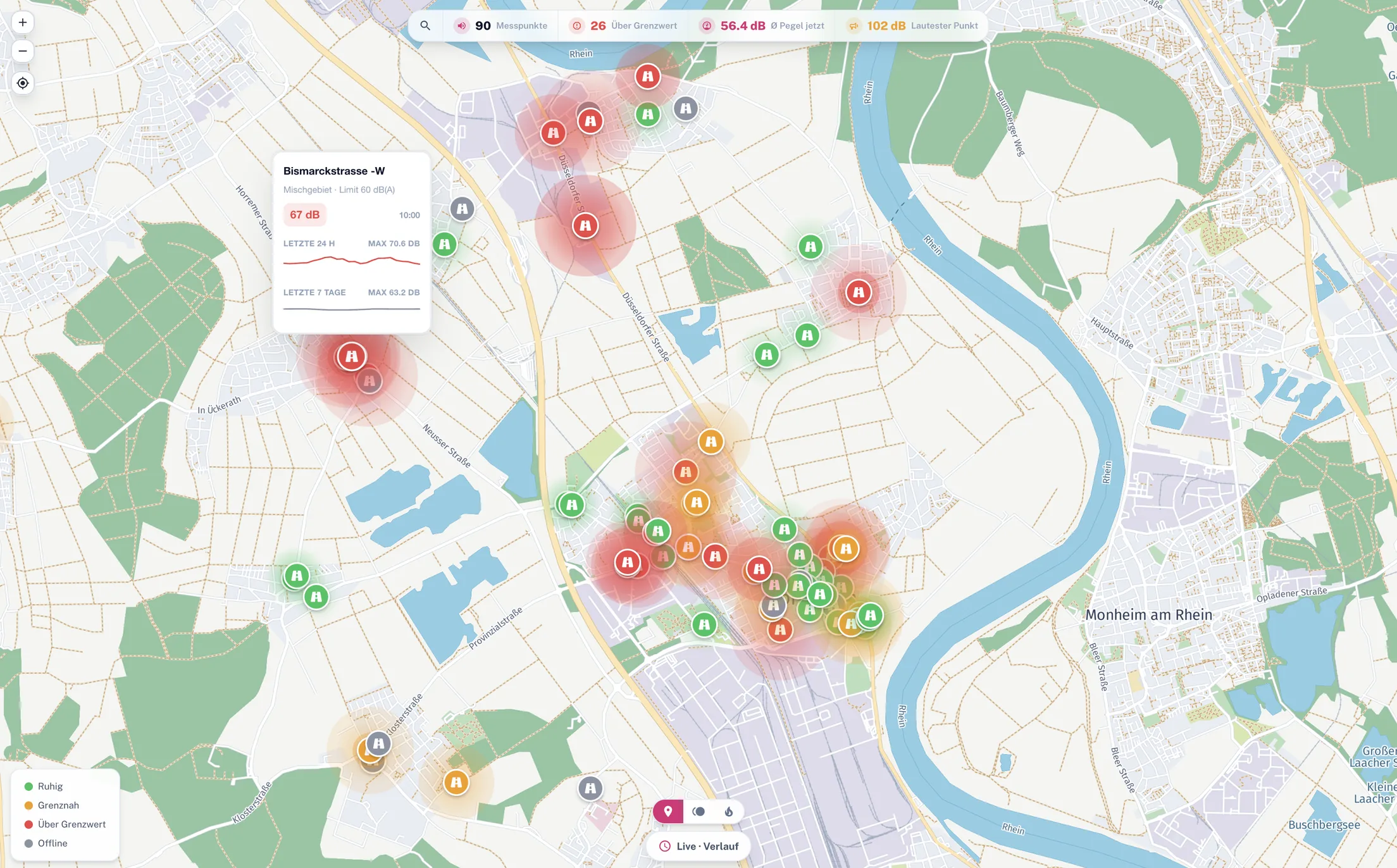 Die Smart-Noise-Karte bei Nacht: ein Hotspot über dem Nachtlimit, ein ruhiger Wohnsensor im grünen Bereich