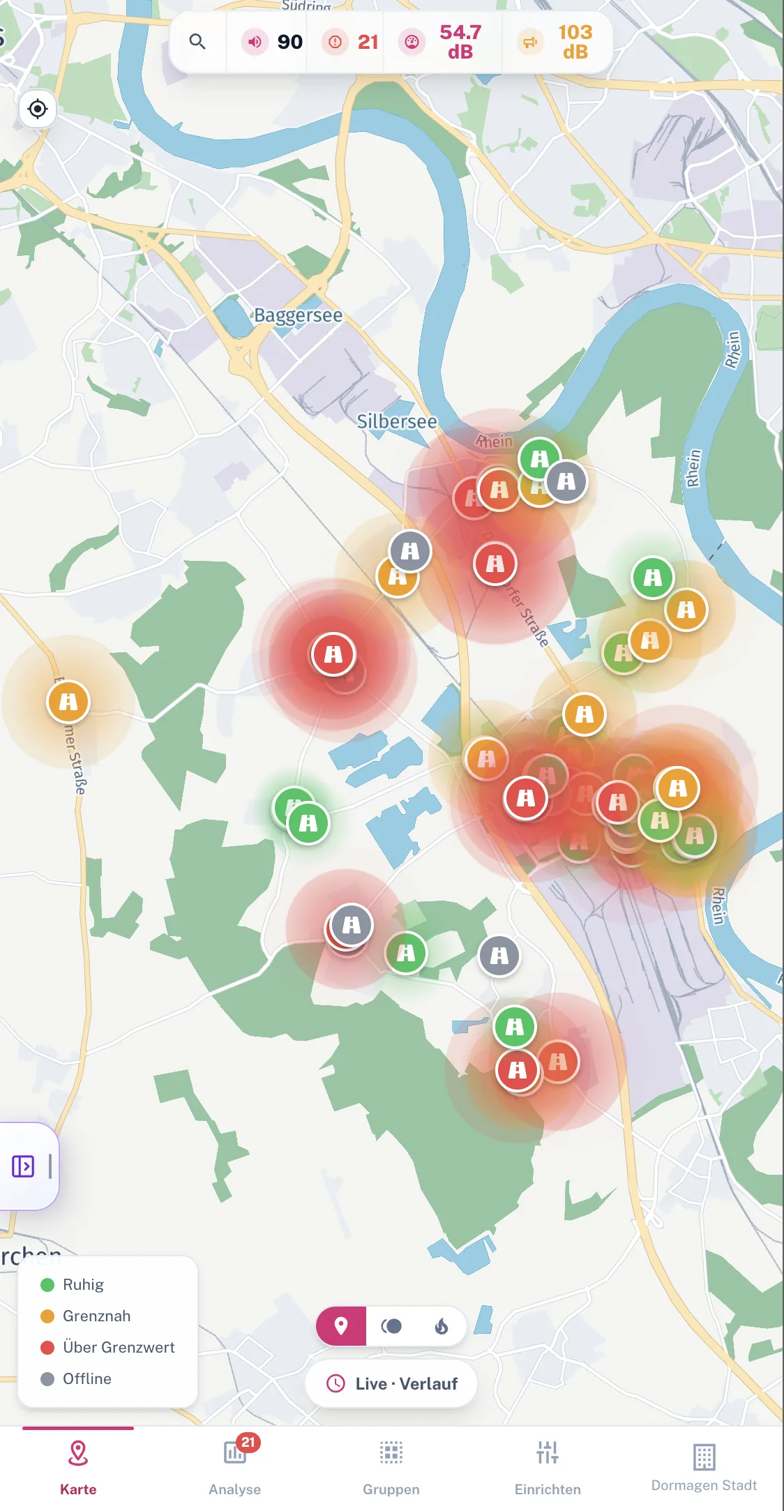 Smart-Noise-Karte mit Pegeln je Messpunkt