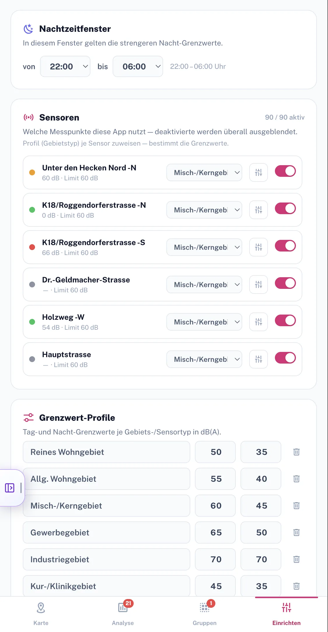 Smart Noise Tag- und Nacht-Grenzwerte