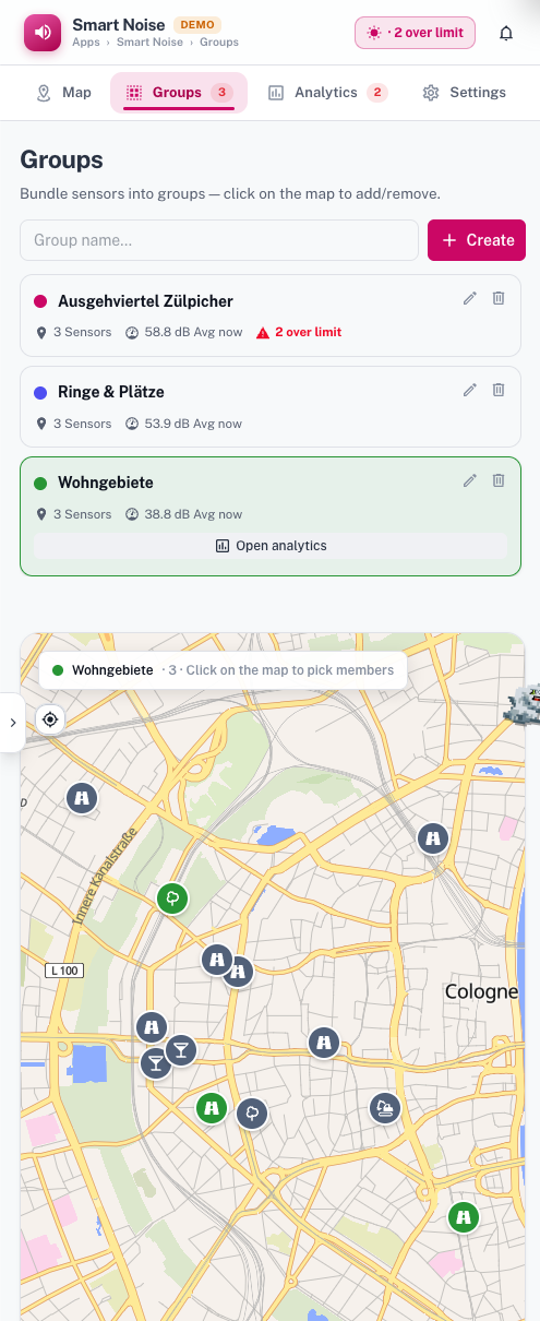 Smart-Noise-Gruppen wie Ringe & Plätze und Wohngebiete mit Durchschnittspegel