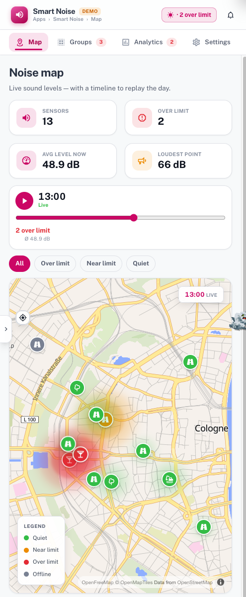 Smart-Noise-Live-Karte mit Lärm-Heatmap über Köln und Über-Limit-Liste