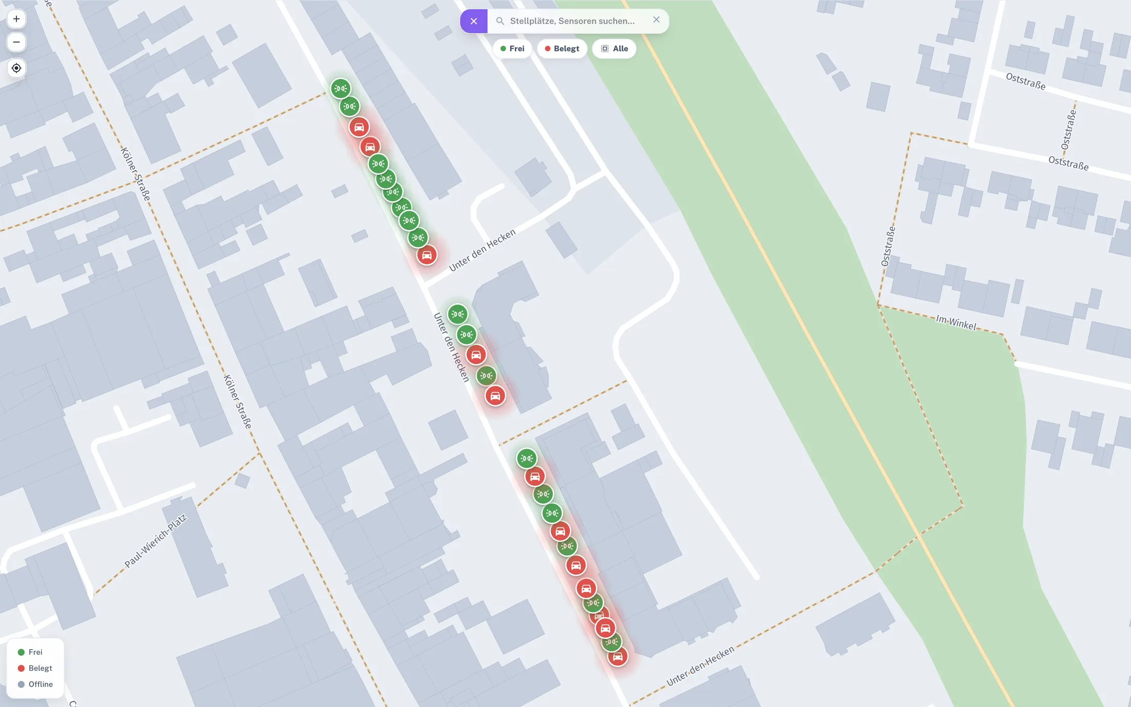 Smart-Parking-Live-Karte mit freien und belegten Plätzen