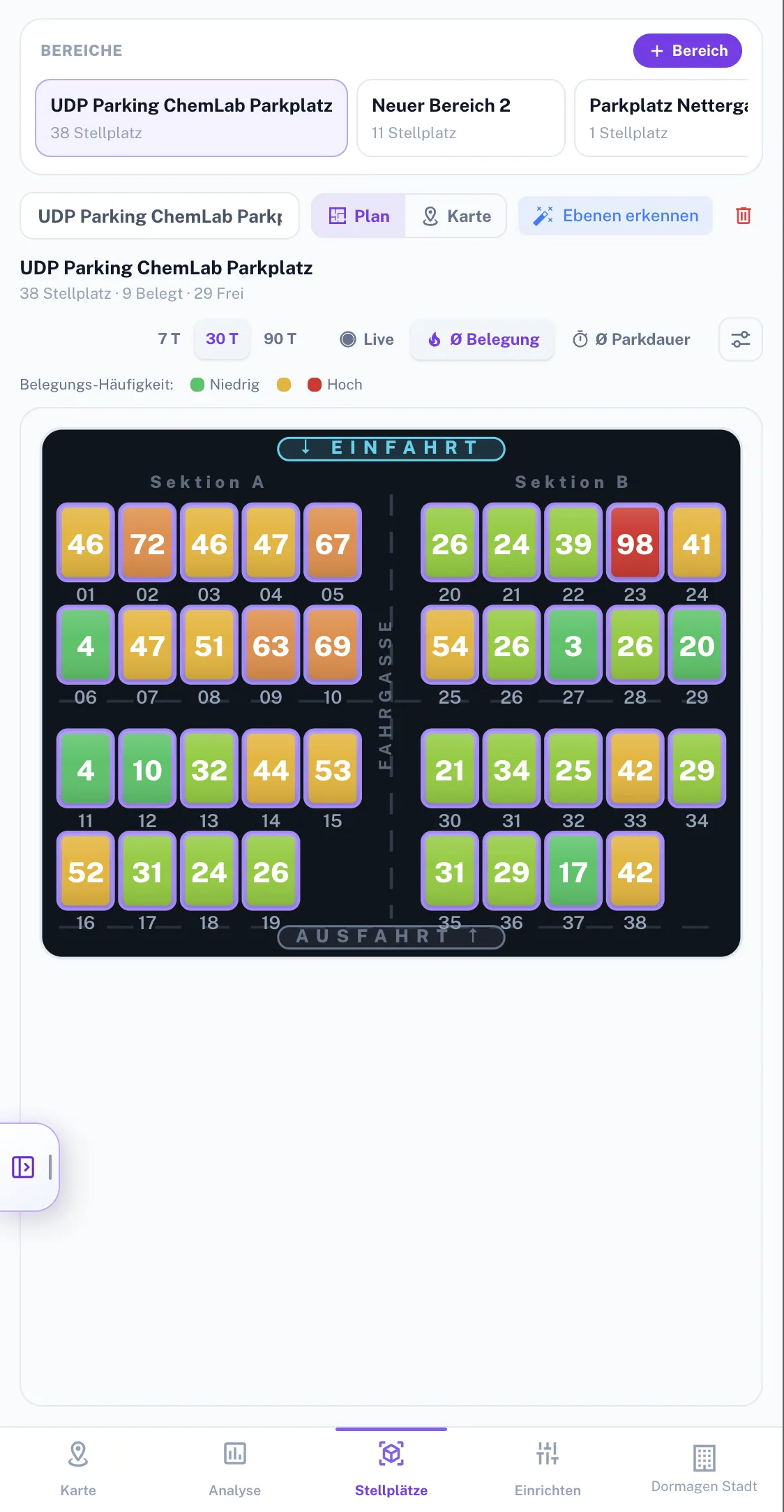 Smart-Parking-Stellplatz-Plan mit freien und belegten Plätzen je Sektion