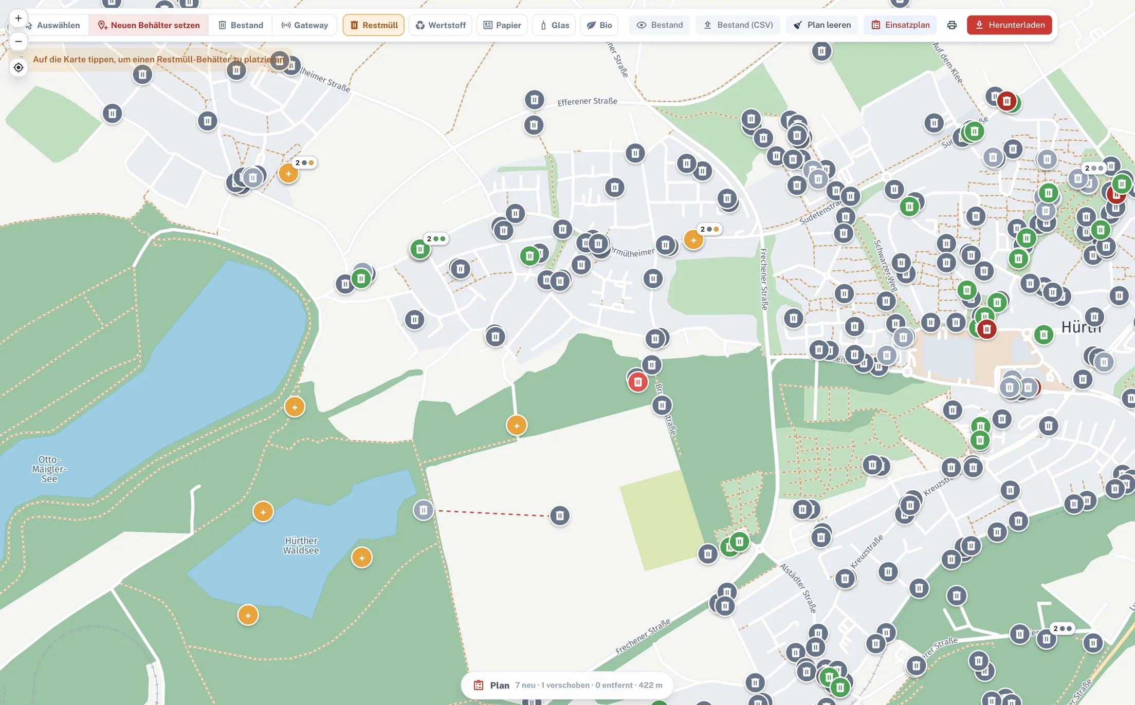 Smart-Waste-Planungsansicht mit vorhandenen Behältern und Werkzeugen zur Standortplanung