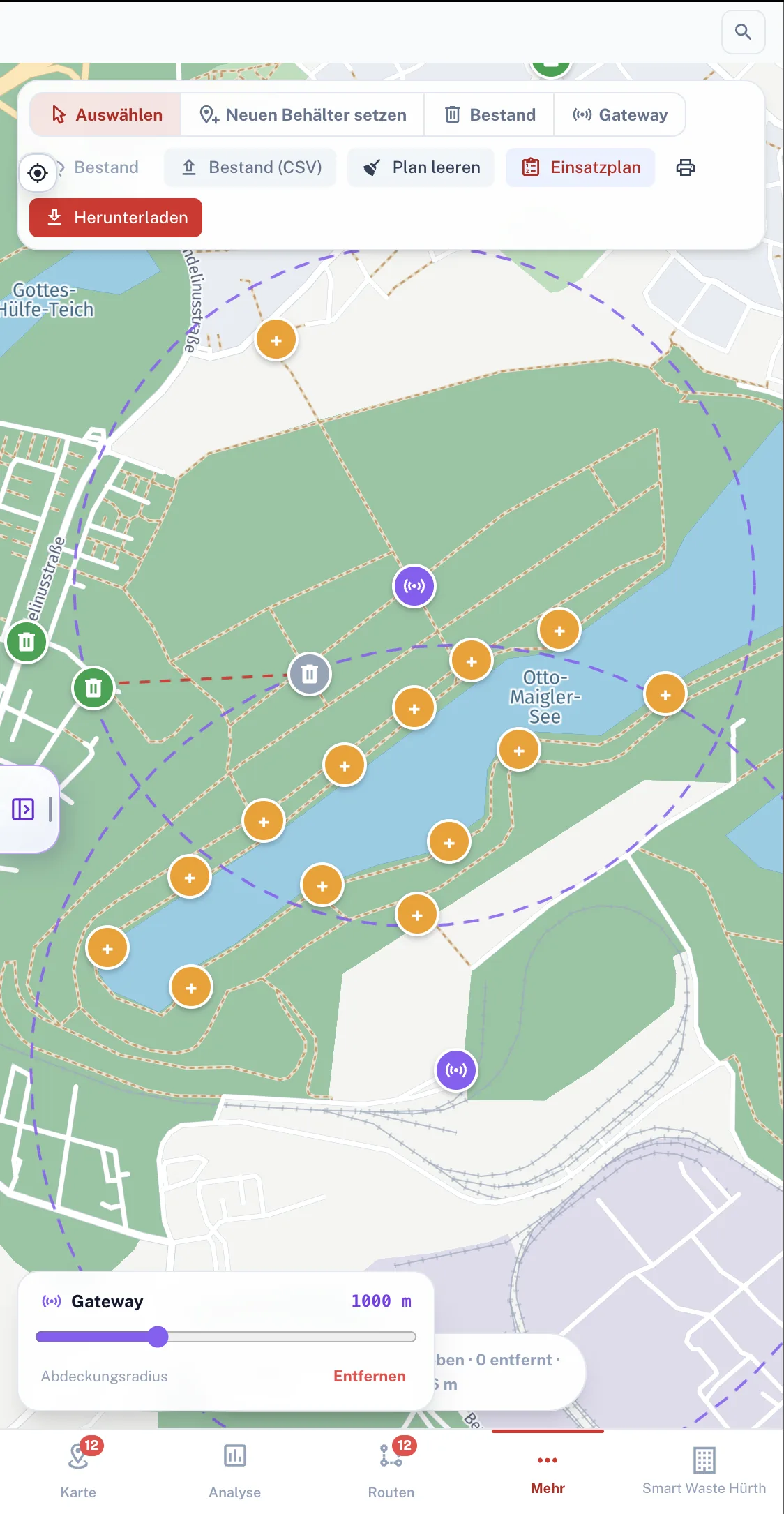 Mobile Smart-Waste-Standortplanung mit Behältern und Planungswerkzeugen
