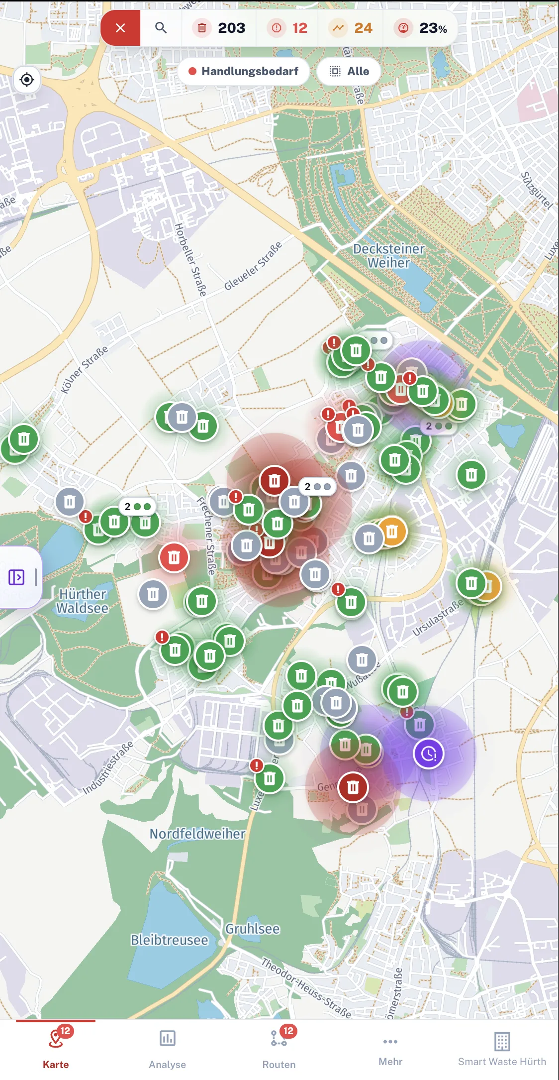 Mobile Smart-Waste-Karte von Hürth mit Füllständen und Navigation am unteren Bildschirmrand