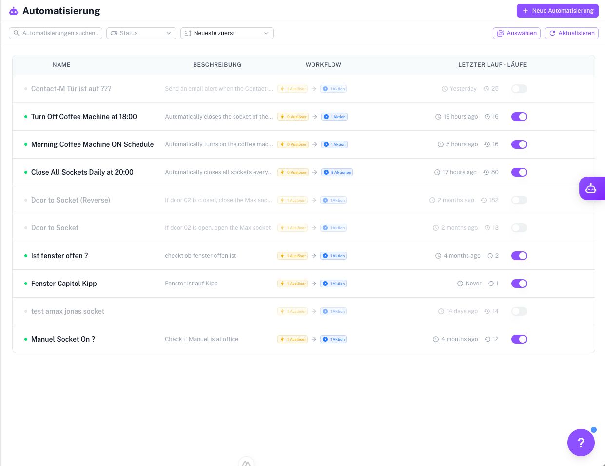 Screenshot: Automatisierungen mit Auslösern, Aktionen, Laufhistorie und An/Aus-Schaltern