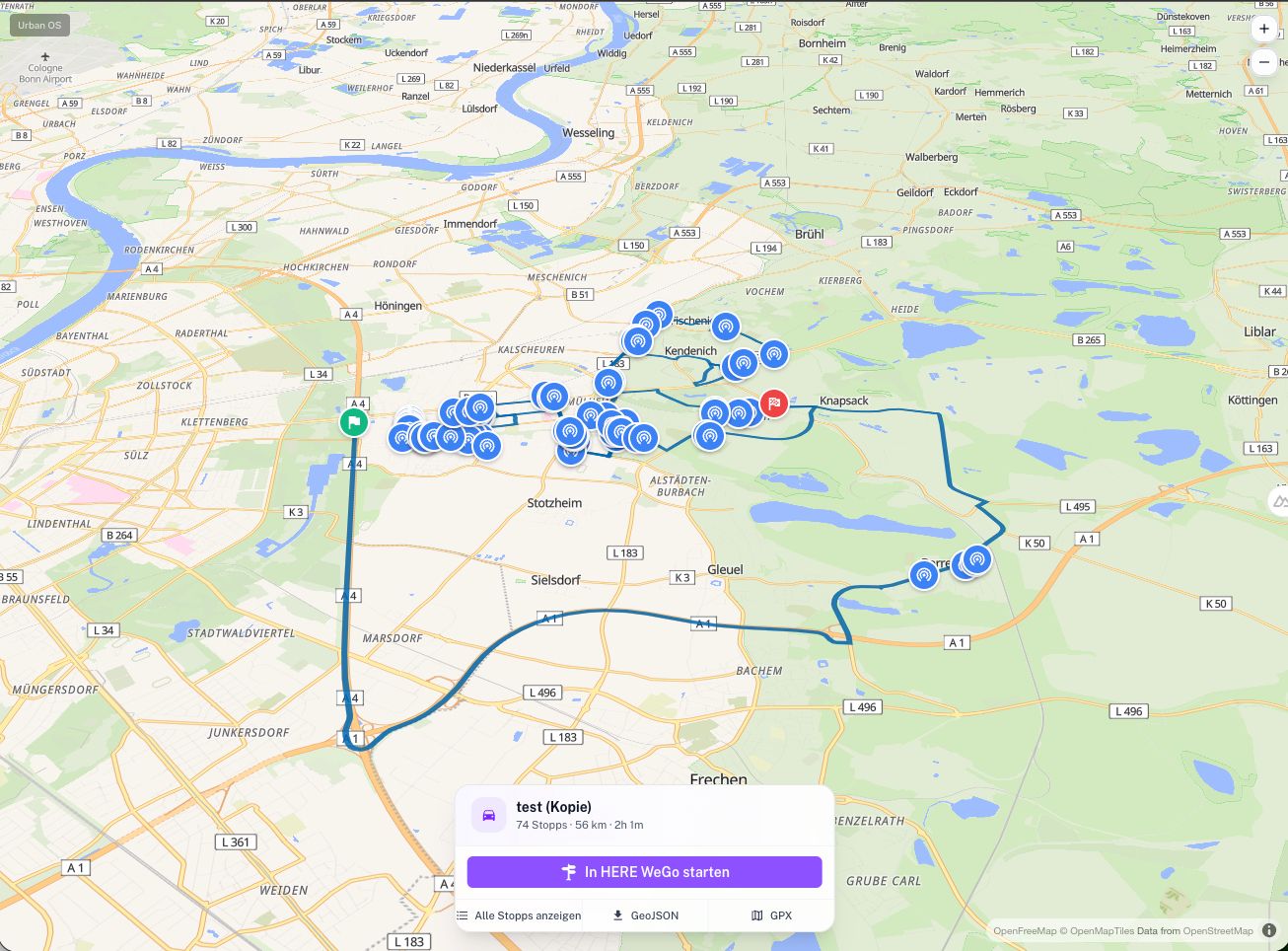 Screenshot: Kartenansicht mit geplanter Tour über 74 Stopps, Übergabe an HERE WeGo sowie GeoJSON- und GPX-Export